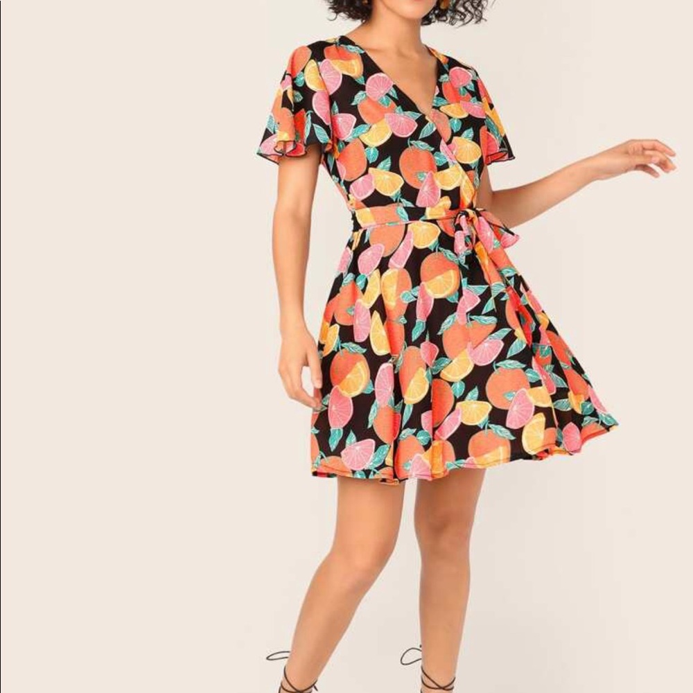 Shein Fruit Print Belted Flare Dress - Picture 1 of 8